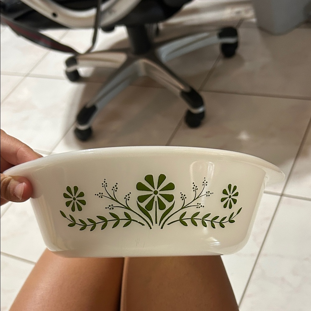 Vintage pyrex Glasbake Casserole Dish with Green Floral Design